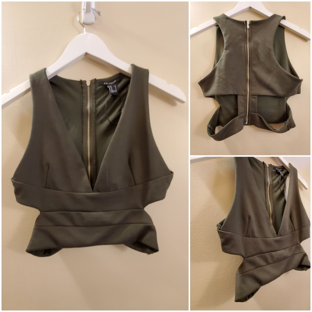 Revamped khaki V neck, cropped tank with side slits, Medium size